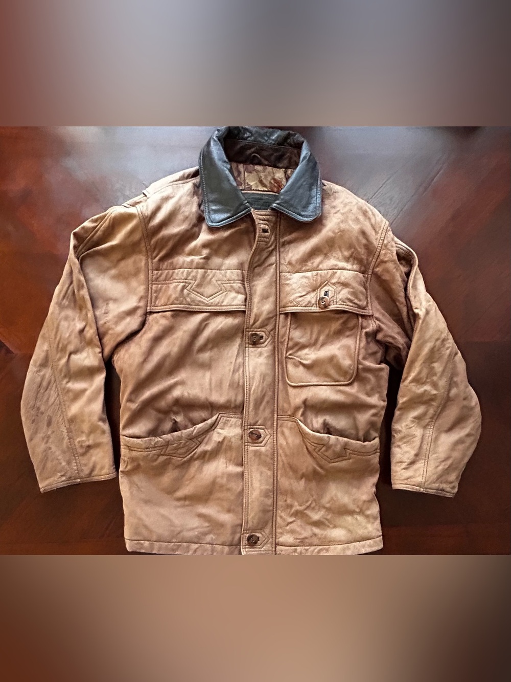Vintage Leather Workwear Jacket – Tan/Brown – Statement Collar & Pocket Detail